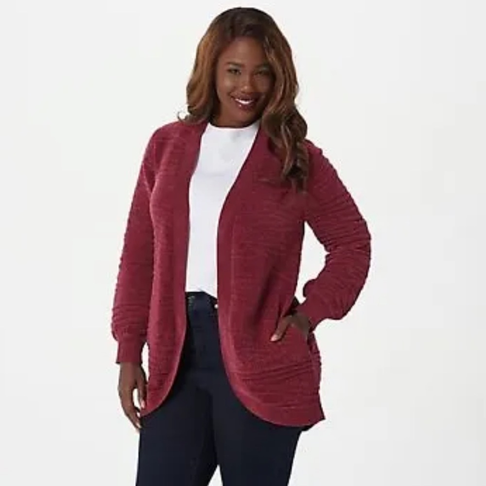 AnyBody Deep Berry Patterned Chenille Open Front Cardigan Sweater Size Large